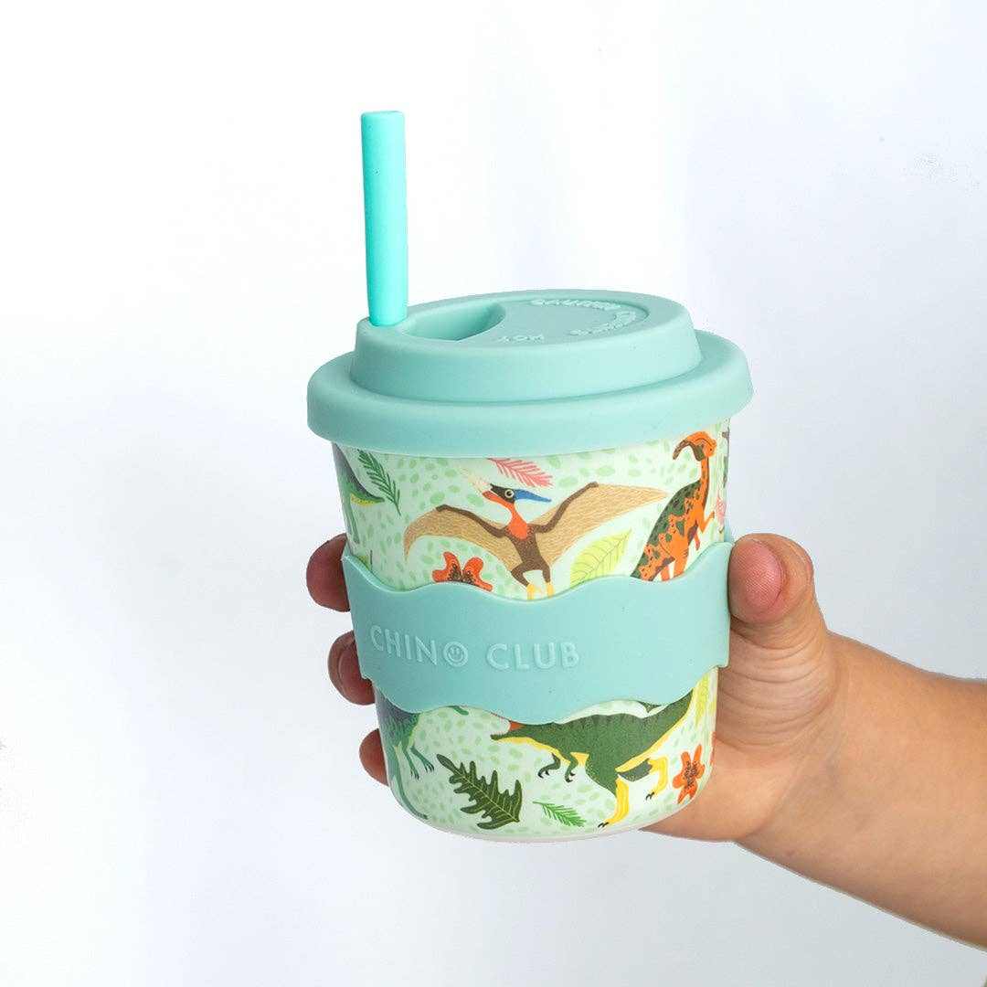 Green Dino Kids Keep Cup 8oz bamboo cup with silicone lid and straw in giftbox