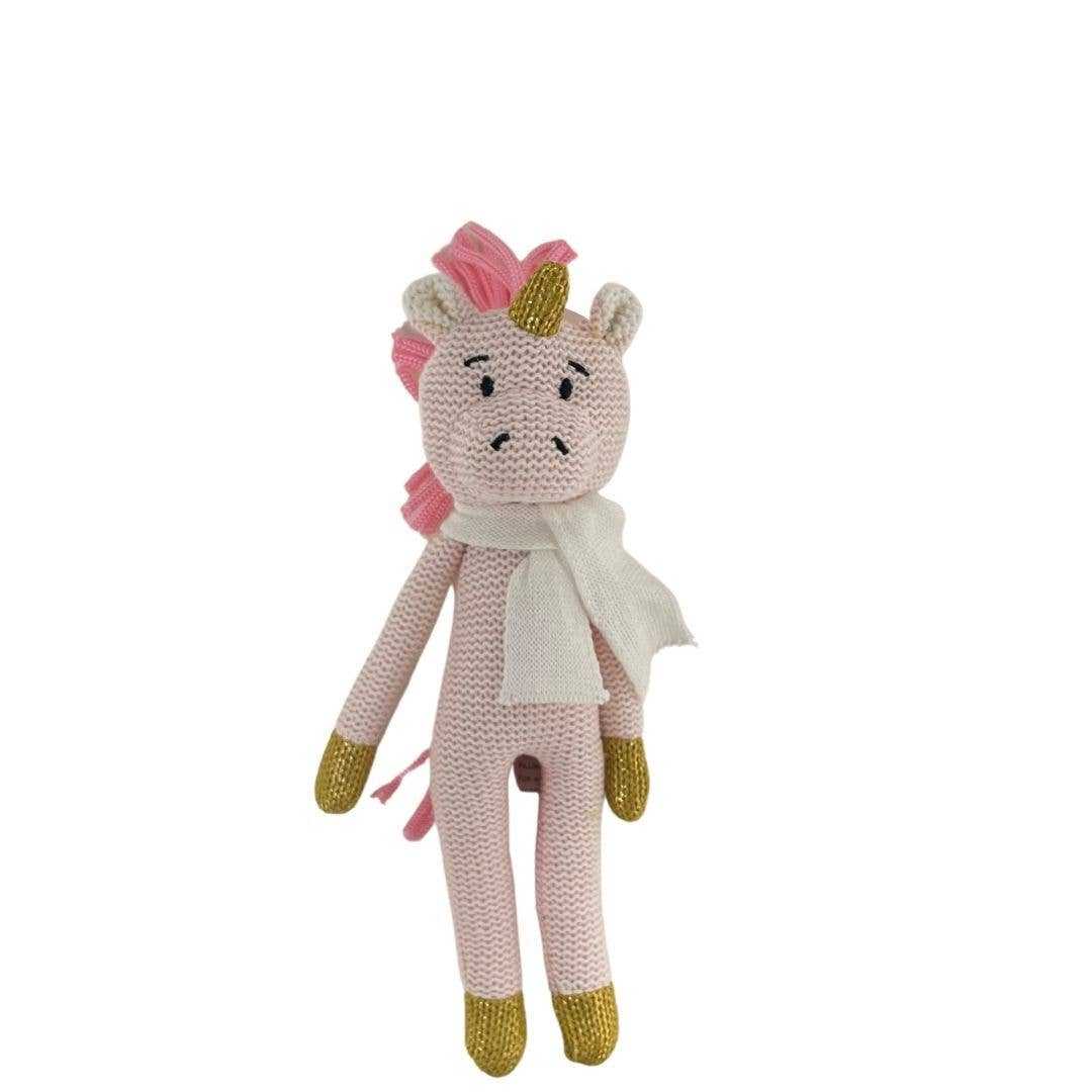 Knitted pink Ursula the Unicorn rattle toy with golden horn and white scarf, eco-friendly cotton and recycled filling, 25cm tall