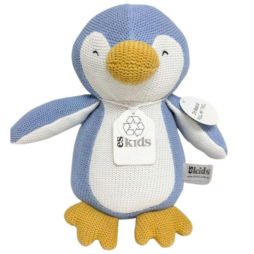 Paul the Musical Penguin soft knit toy with mustard beak playing lullaby for toddlers