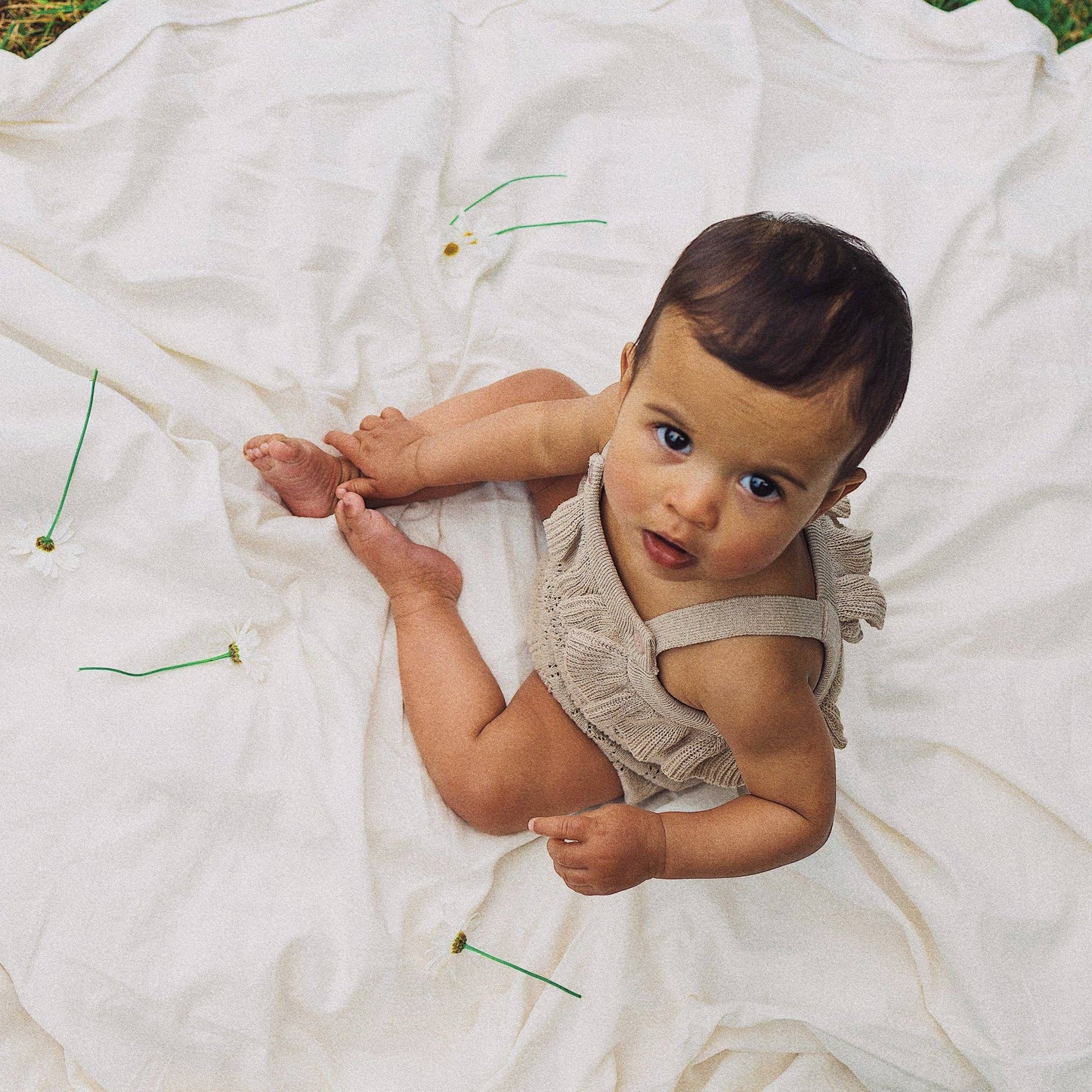 Kynd Pointelle Knit Frill Romper - Neutral