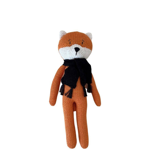 Fred the Fox Rattle knitted soft cotton fox toy with black scarf for babies.