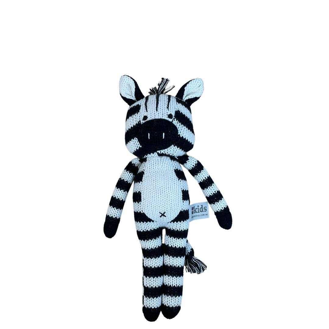 Knitted zebra rattle toy made from eco-friendly cotton with recycled PET filling, suitable from birth, 25cm tall