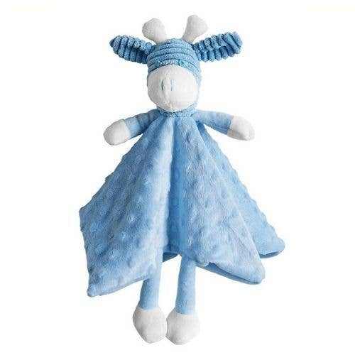 Blue baby giraffe comforter with soft fabric and ribbon tags for sensory play