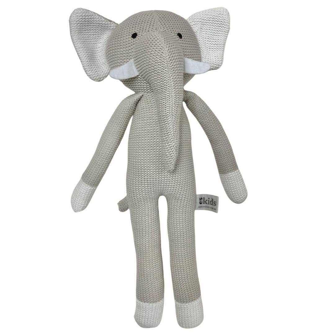 Eleanor the Elephant knitted grey eco-friendly cotton plush toy with recycled PET filling, 38cm tall for babies 3 months and up
