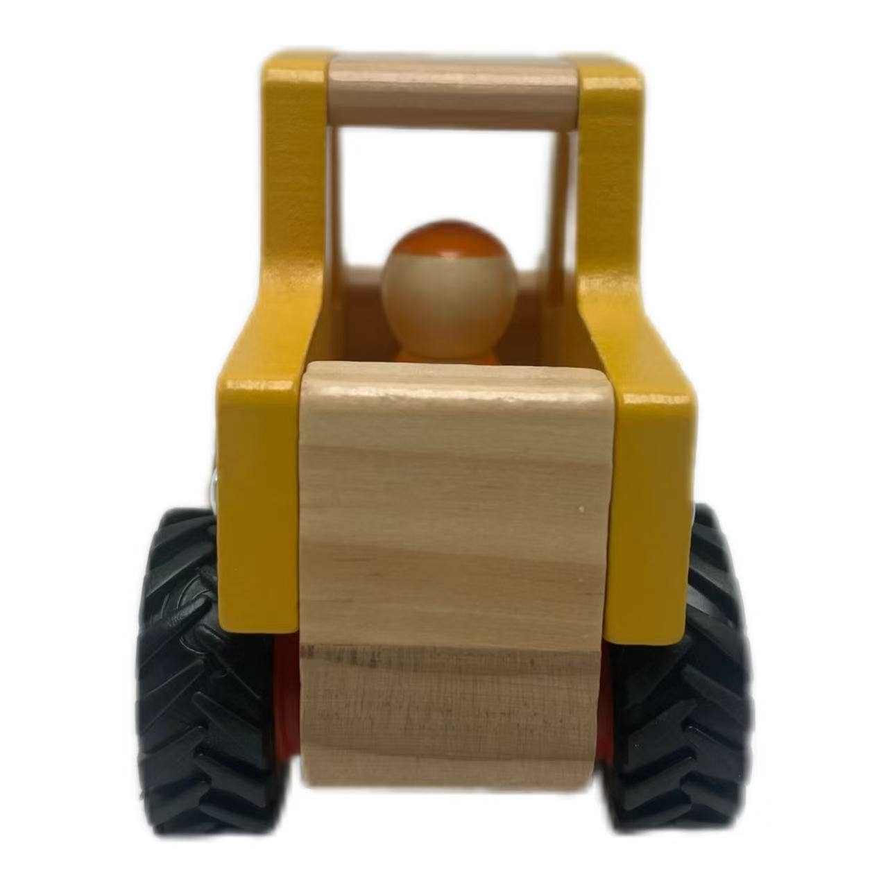 front view of wooden digger toy with yellow frame and black wheels