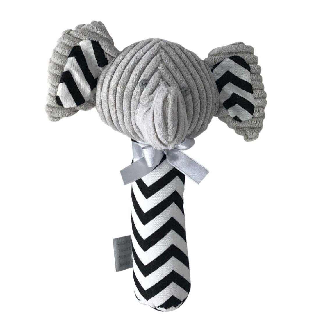 Grey Elephant Stick Rattle baby toy with textured ears and black-and-white chevron handle for newborns