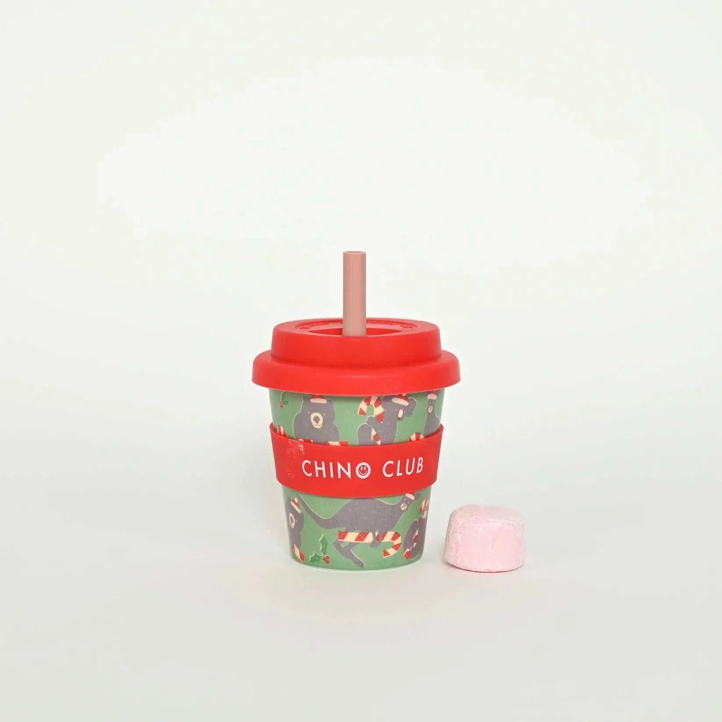 Christmas Babychino cup with festive Australian animals, bamboo-based, silicone lid, durable and eco-friendly, 4oz capacity