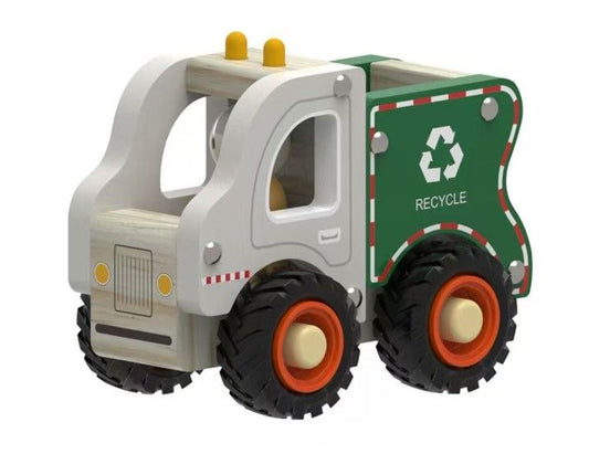 Toy garbage truck with a recycling symbol on a white background