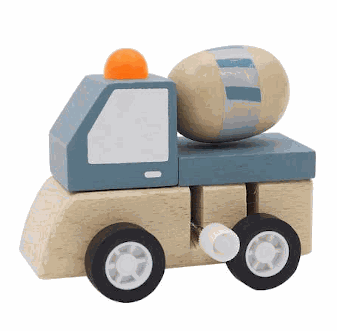 Wooden wind-up cement mixer truck toy with orange light and gray mixer drum