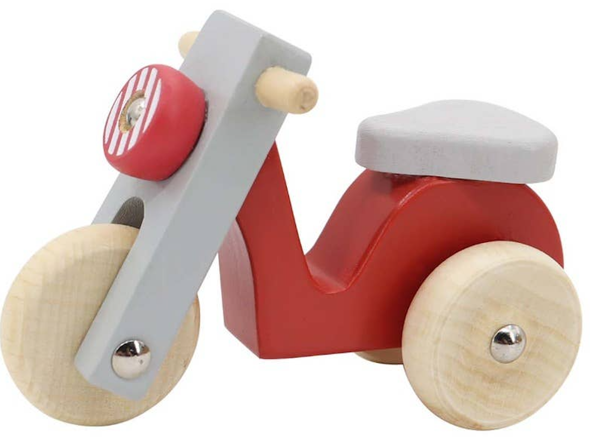Wooden motorbike toy with red body, gray handlebars, and natural wood wheels for children age 3+