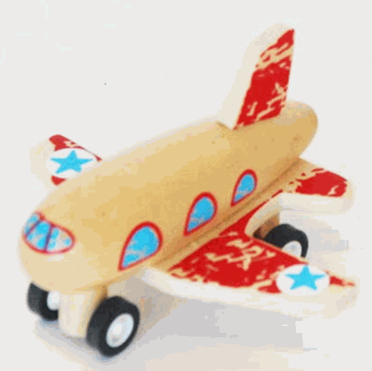 Colorful wooden pull-back plane toy with red wings and blue star designs for toddlers