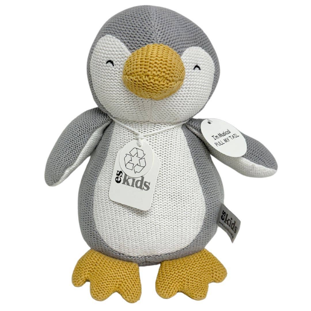 Perry the Musical Penguin soft knit toy with mustard beak playing lullaby when tail is pulled