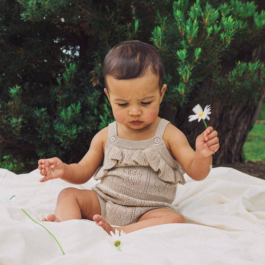 Kynd Pointelle Knit Frill Romper - Neutral