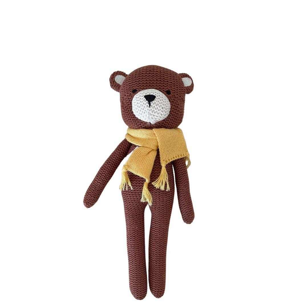Ben the Bear Rattle knitted cotton baby toy with yellow scarf for early development