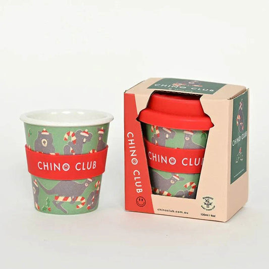 Christmas Babychino Cup with festive Australian animals, bamboo, silicone lid, gift box, 4oz capacity