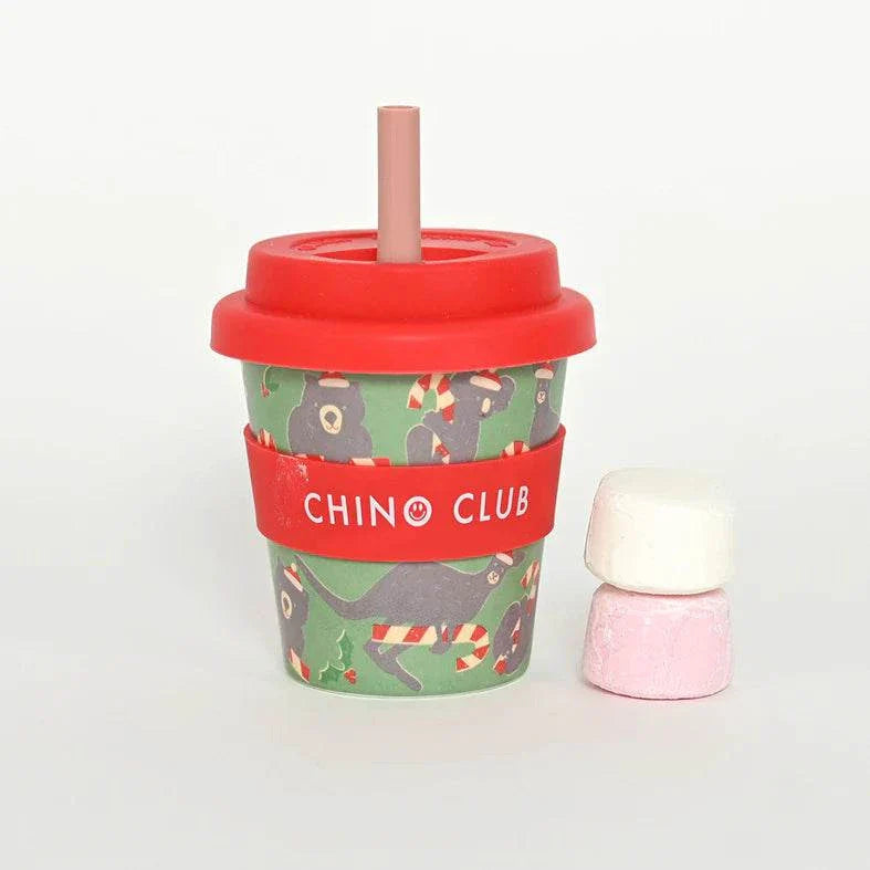 Eco-friendly Christmas Babychino Cup with festive Australian animals, silicone lid, and red grip band, 4oz capacity