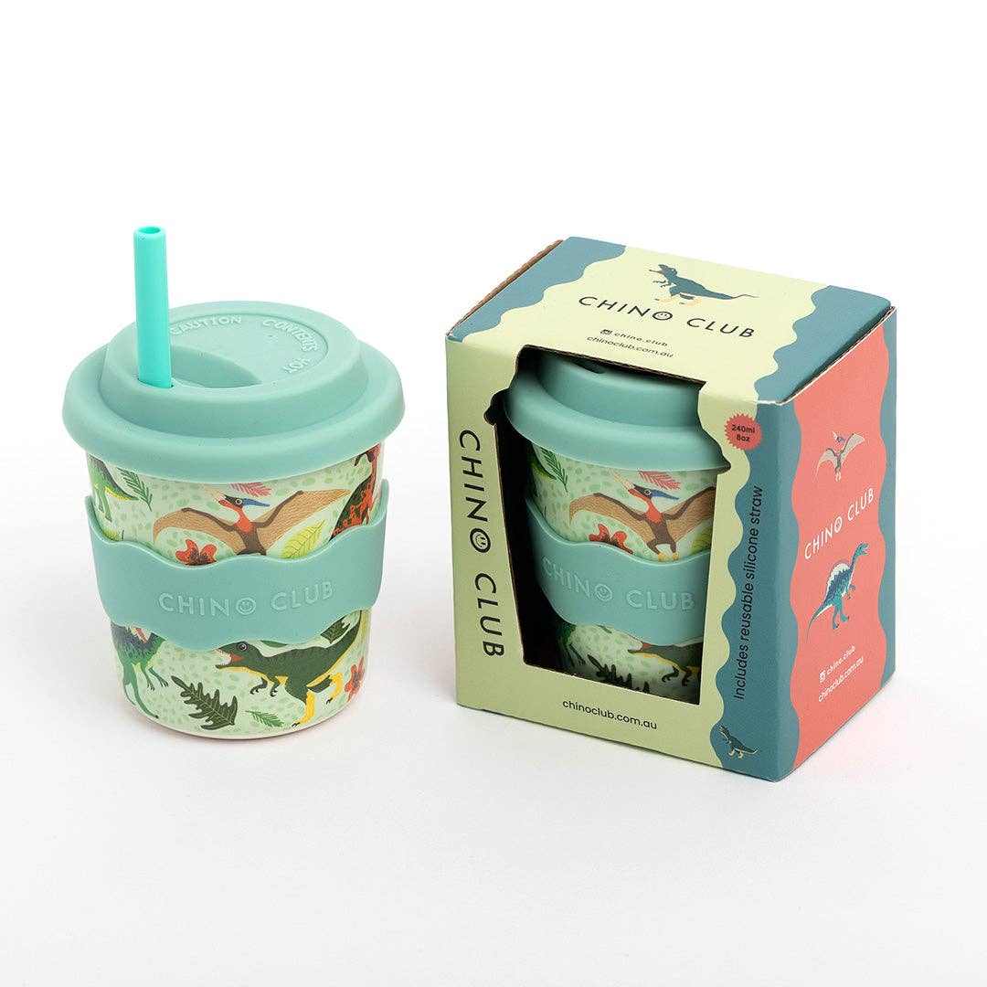 Green Dino Kids Keep Cup 8oz bamboo cup with silicone lid and straw in giftbox