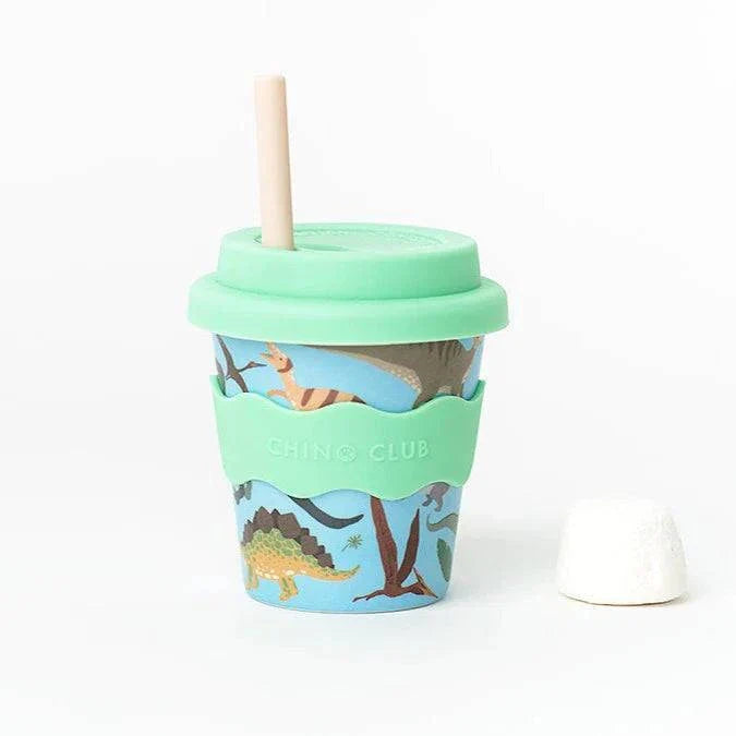 Dino Babychino Cup 4oz bamboo cup with silicone lid and grip, dinosaur design, eco-friendly, baby safe, dishwasher safe, gift boxed