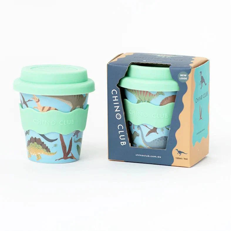 Dino Babychino Cup 4oz bamboo cup with silicone lid and grip, eco-friendly toddler drinkware in gift box