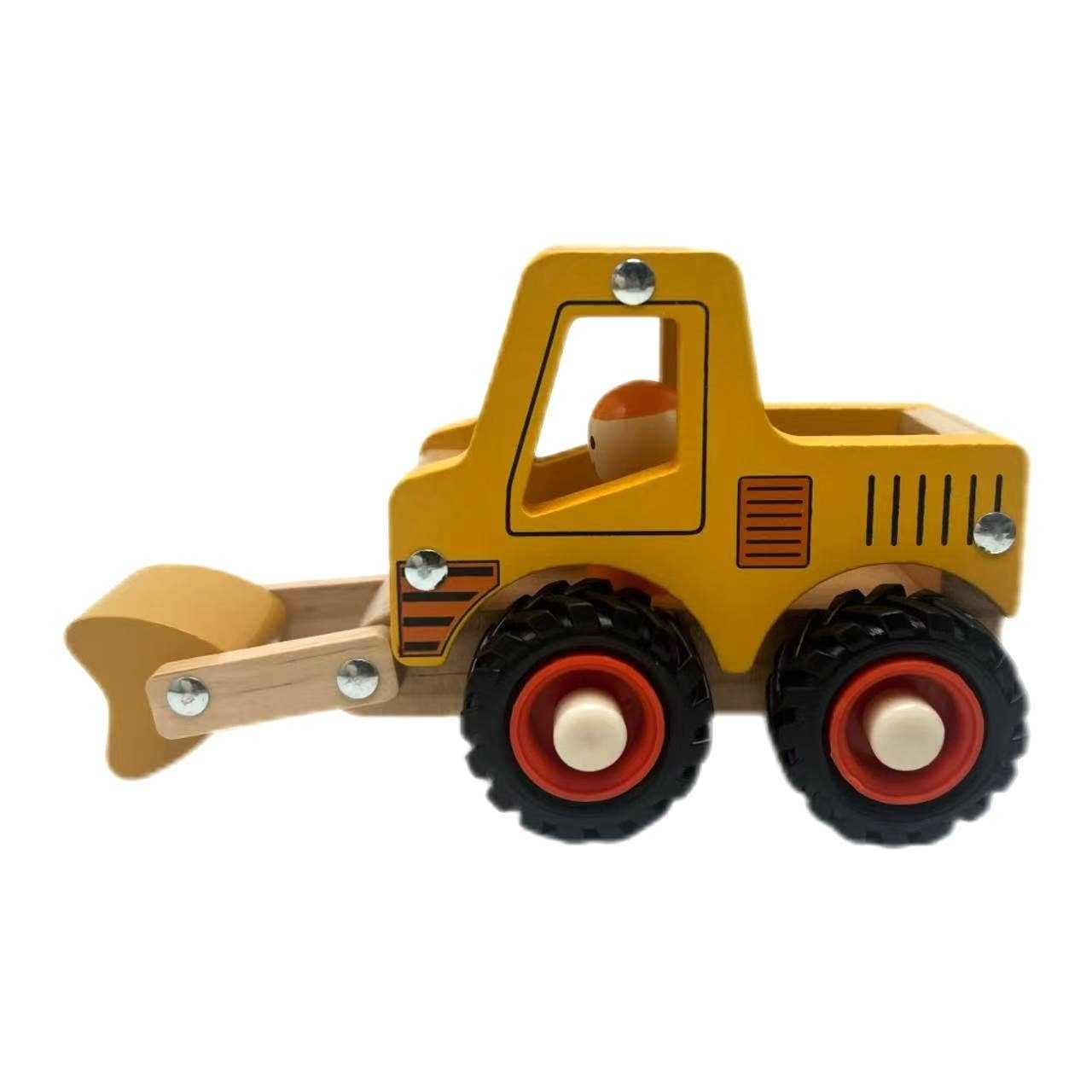 Yellow wooden digger toy with movable scoop and red wheels for children aged 3 and up
