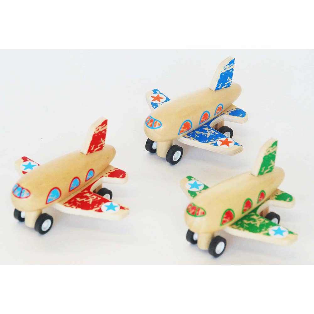 colorful wooden pull-back planes toy set for kids with wheels