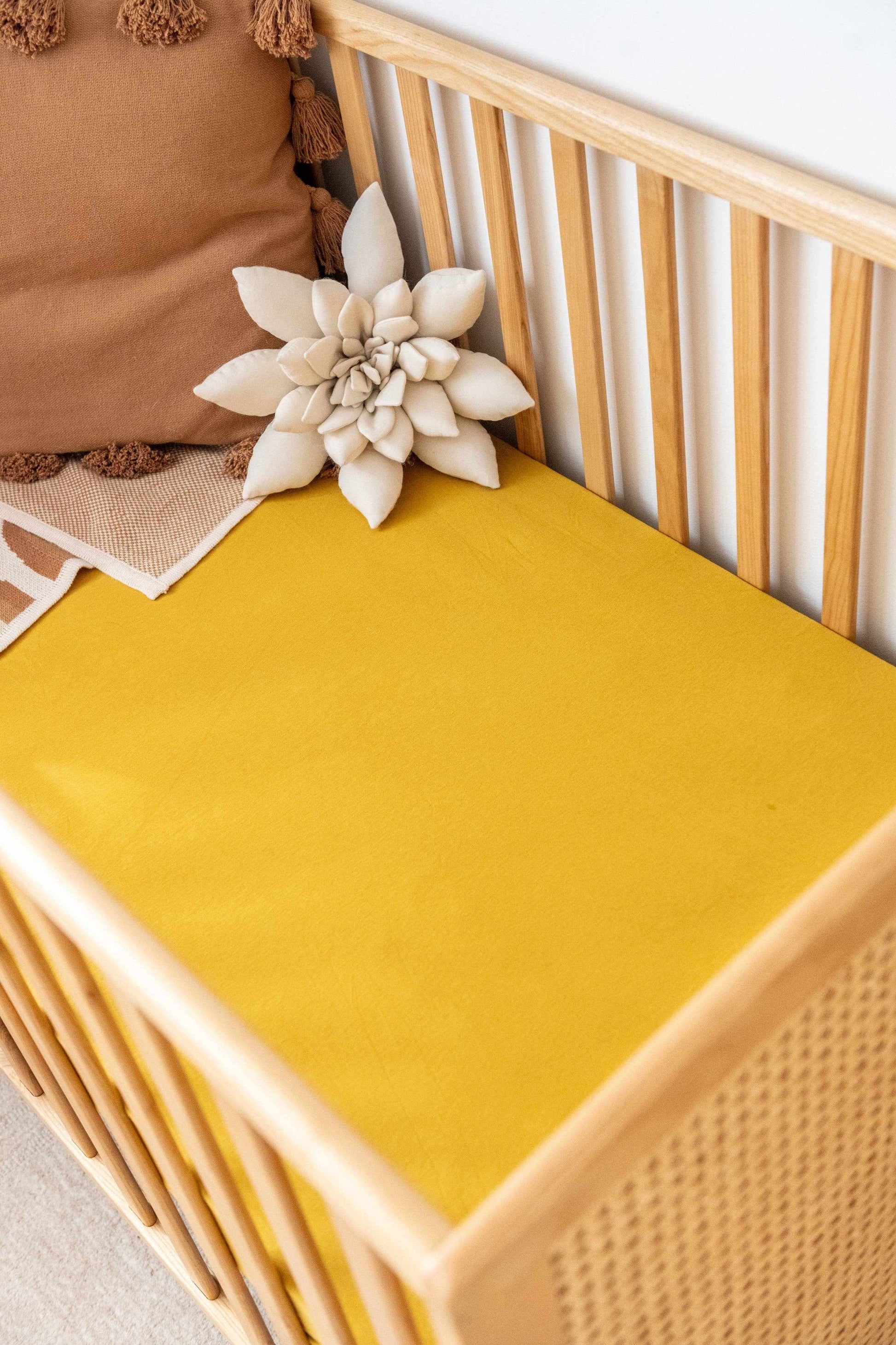Kiin Organic Cot Sheet mustard yellow fitted breathable bamboo cotton blend in wooden cot