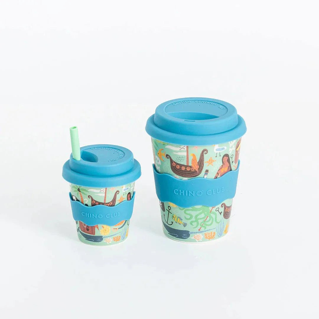 Eco-friendly Pirate Babychino Cup with blue silicone lid and pirate-themed bamboo design, 4oz size, drop-proof and dishwasher safe
