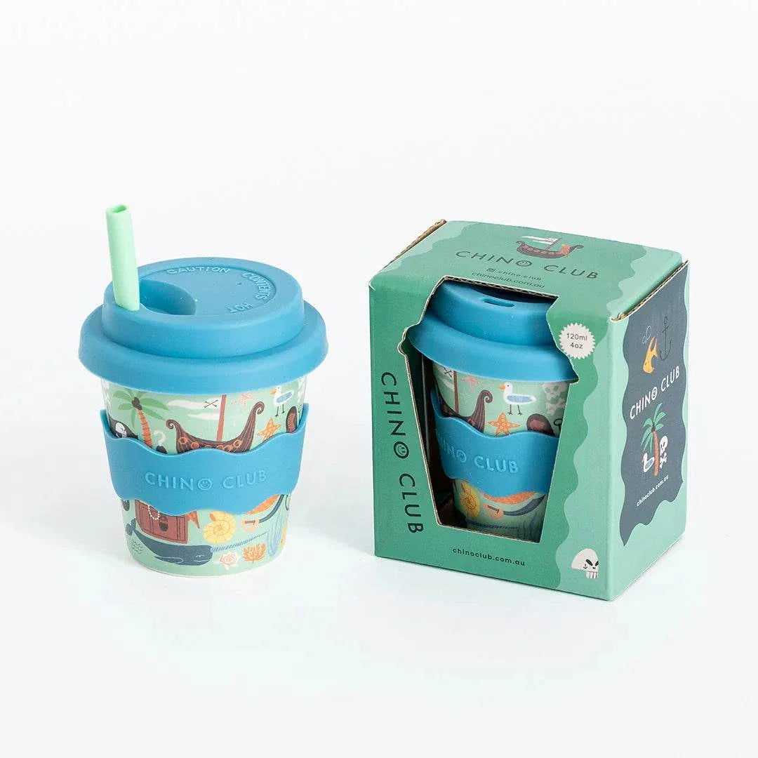 Eco-friendly Pirate Babychino cup with silicone lid and pirate designs, 120ml capacity, durable and dishwasher safe