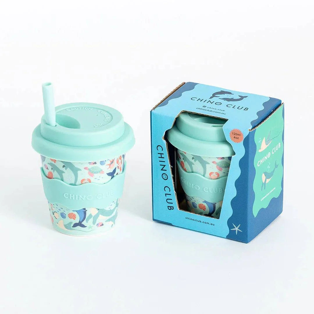 Sea Creatures Babychino Cup with eco-friendly bamboo, silicone lid, aqua sea creature design, 4oz capacity, dishwasher safe, straw not included