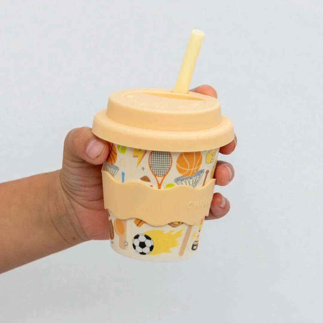 Sports Babychino Cup 4oz bamboo cup with silicone lid and sports illustrations, eco-friendly and dishwasher safe