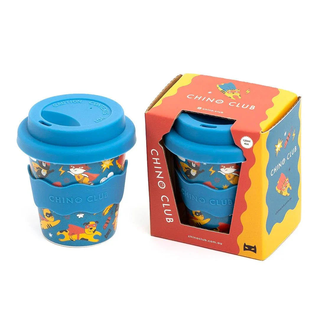 Superhero Babychino Cup 4oz bamboo cup with silicone lid and grip band, eco-friendly and dishwasher safe, perfect for babychinos and water on-the-go