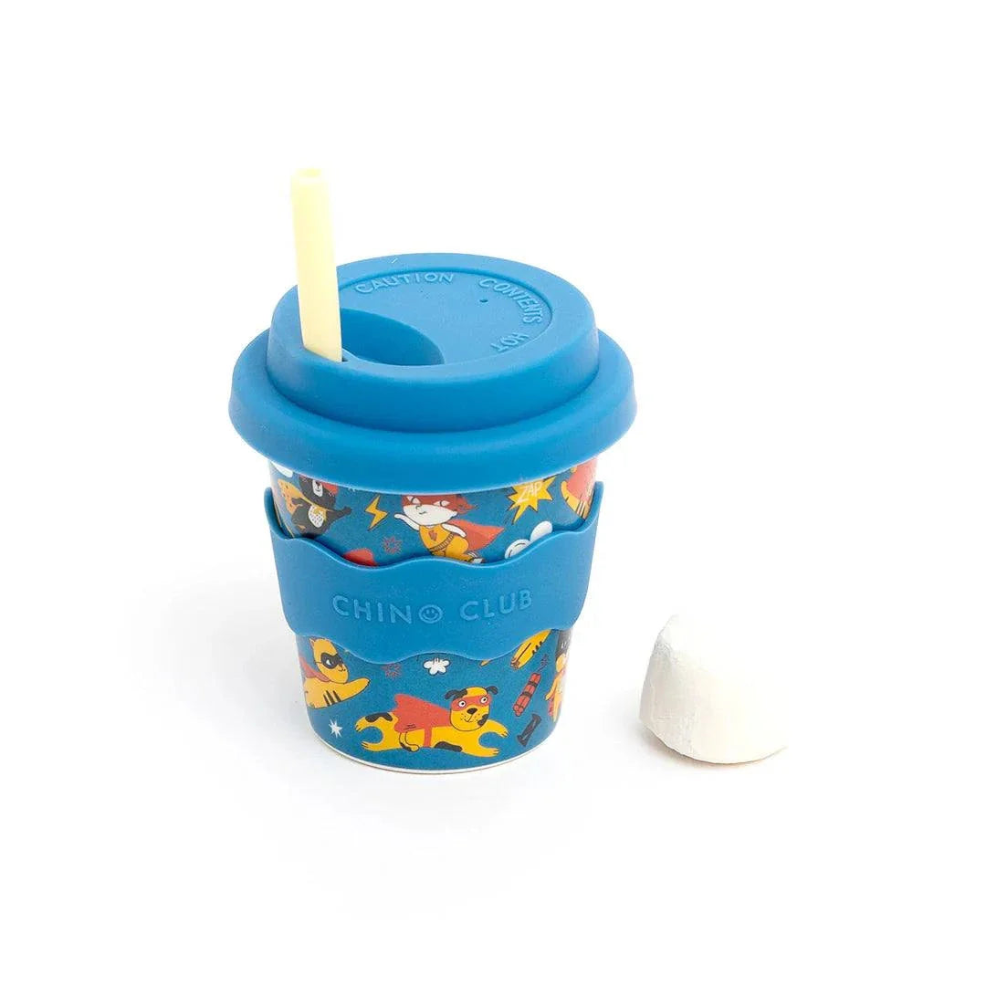 Superhero Babychino Cup 4oz eco-friendly bamboo cup with blue silicone lid and grip band, dishwasher safe, perfect for babychinos or water on-the-go