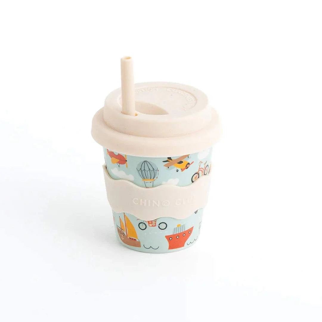 Vehicles Babychino Cup 4oz bamboo cup with silicone lid featuring colorful vehicle illustrations and spill-free straw design