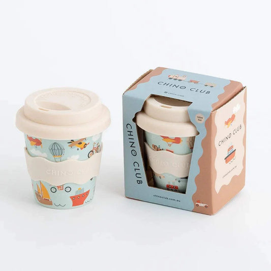 Vehicles Babychino Cup 4oz bamboo cup with silicone lid and colorful vehicle illustrations in gift box